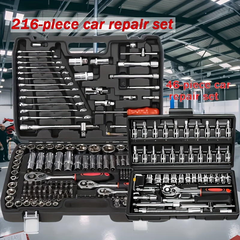 216/46-Piece Universal Socket & Ratchet Tool Set – SAE & Metric Mechanical Repair Kit | 72-Tooth Automotive Wrench Set | Chrome Vanadium Steel Garage Toolbox