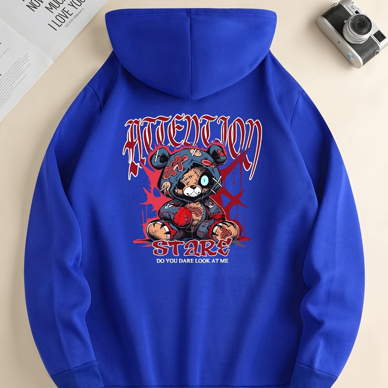 Men’s Cartoon Bear Graphic Hoodie – Casual Pullover with Kangaroo Pocket