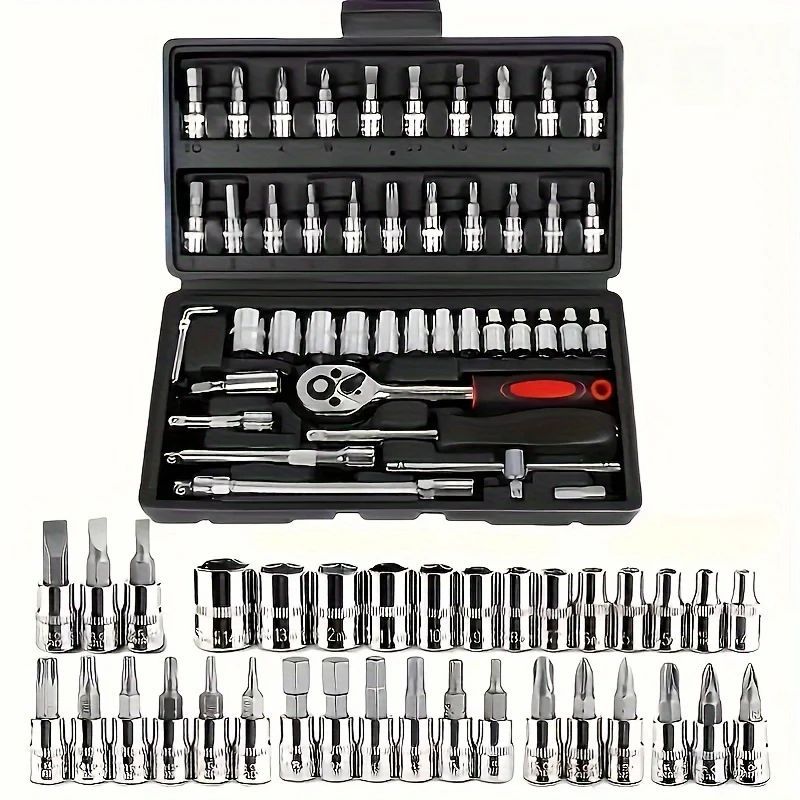 46-Piece Heavy Duty Socket Wrench Tool Set – Universal Car & Motorcycle Repair Kit with Storage Case