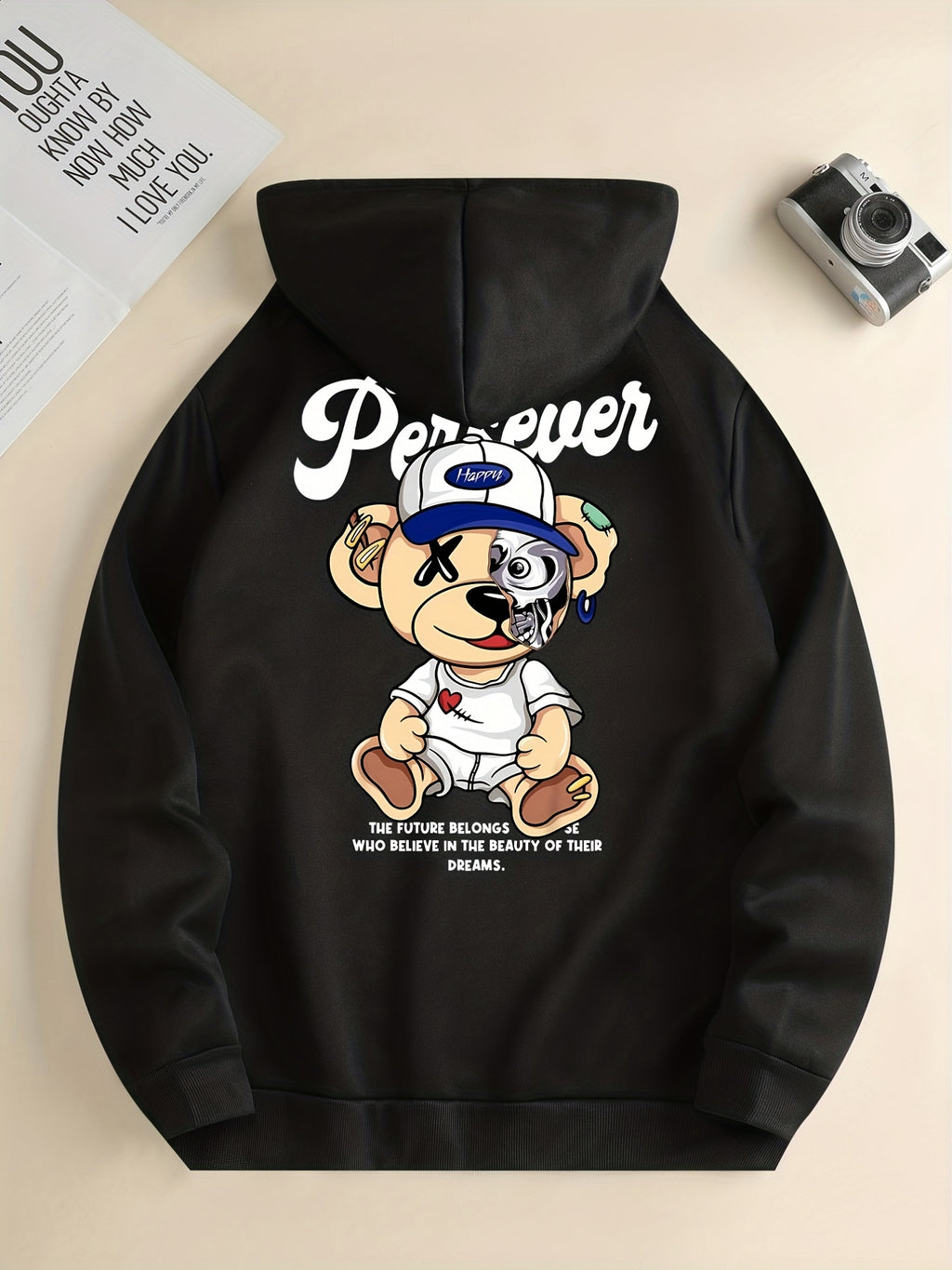 Cute Cartoon Bear Print Hoodie for Men – Casual Pullover Streetwear Sweatshirt with Kangaroo Pocket | Spring & Fall Fashion | Gift Idea