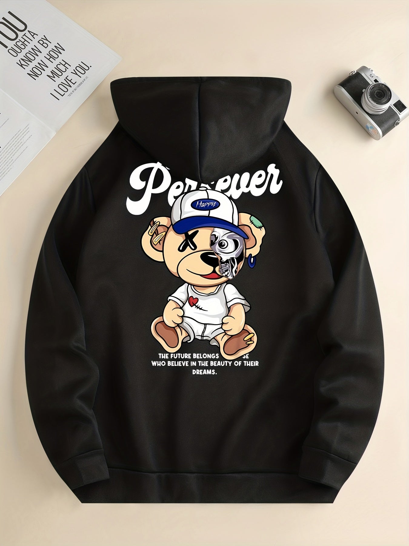 Cute Cartoon Bear Print Hoodie for Men – Casual Pullover Streetwear Sweatshirt with Kangaroo Pocket | Spring & Fall Fashion | Gift Idea