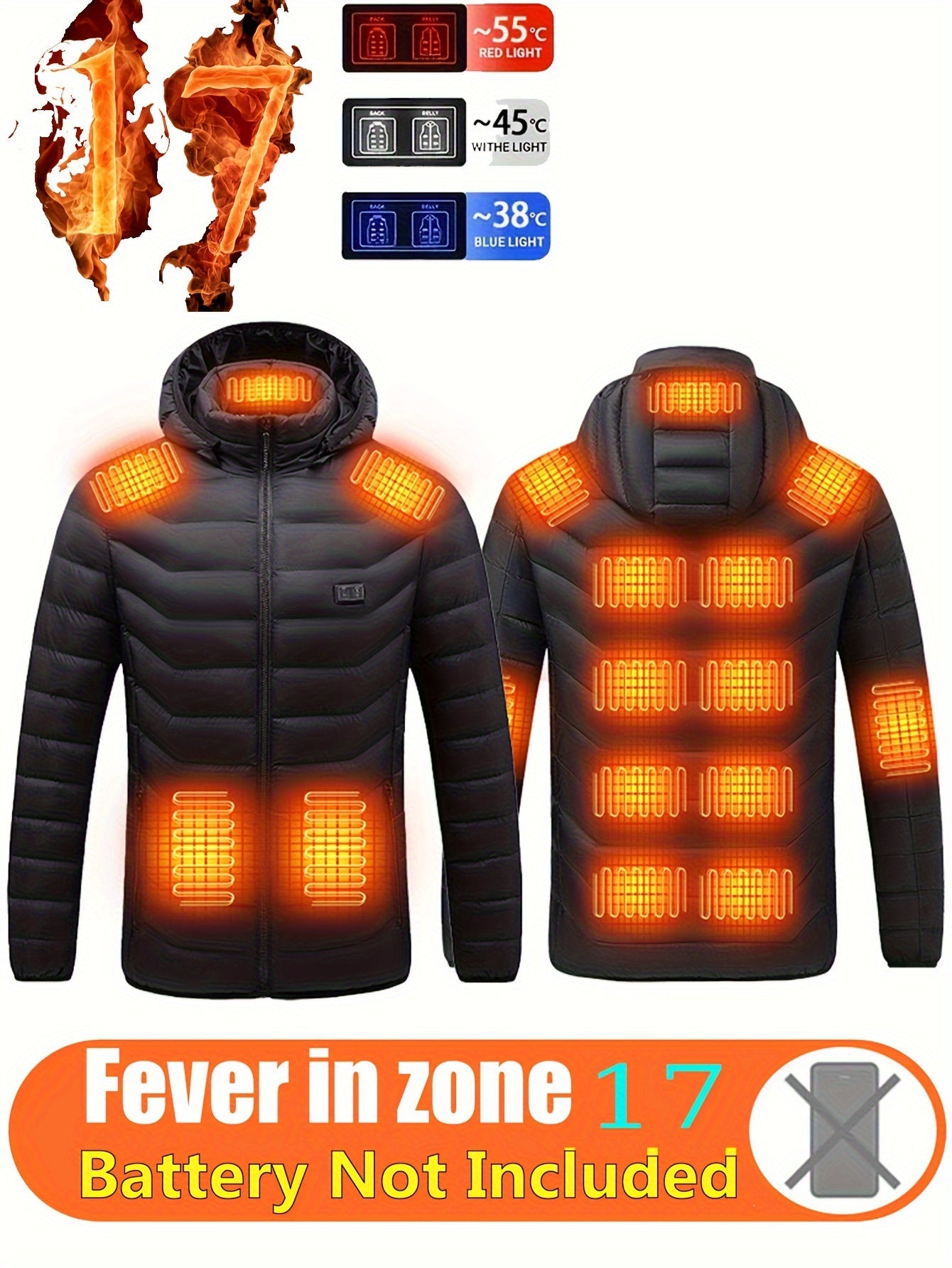 Men’s 17-Zone Heated Jacket – Dual Control USB Electric Winter Coat by Pearson Select
