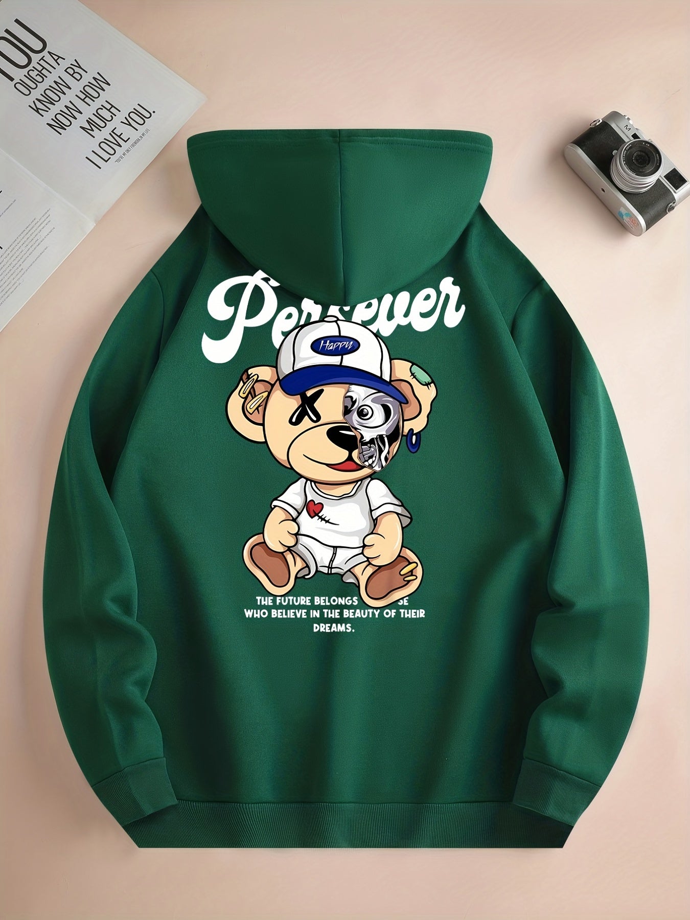 Cute Cartoon Bear Print Hoodie for Men – Casual Pullover Streetwear Sweatshirt with Kangaroo Pocket | Spring & Fall Fashion | Gift Idea