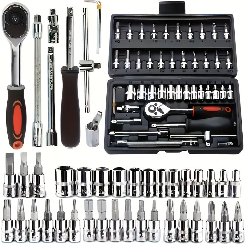 216/46pcs Mechanical Tool Socket Set, 1/2” 1/4” 3/8” Drive SAE and Metric Sizes, Universal Ratchet Wrench Kit with 72-Tooth Ratchets for Automotive, Home, Garage, Bicycle Trunk Use