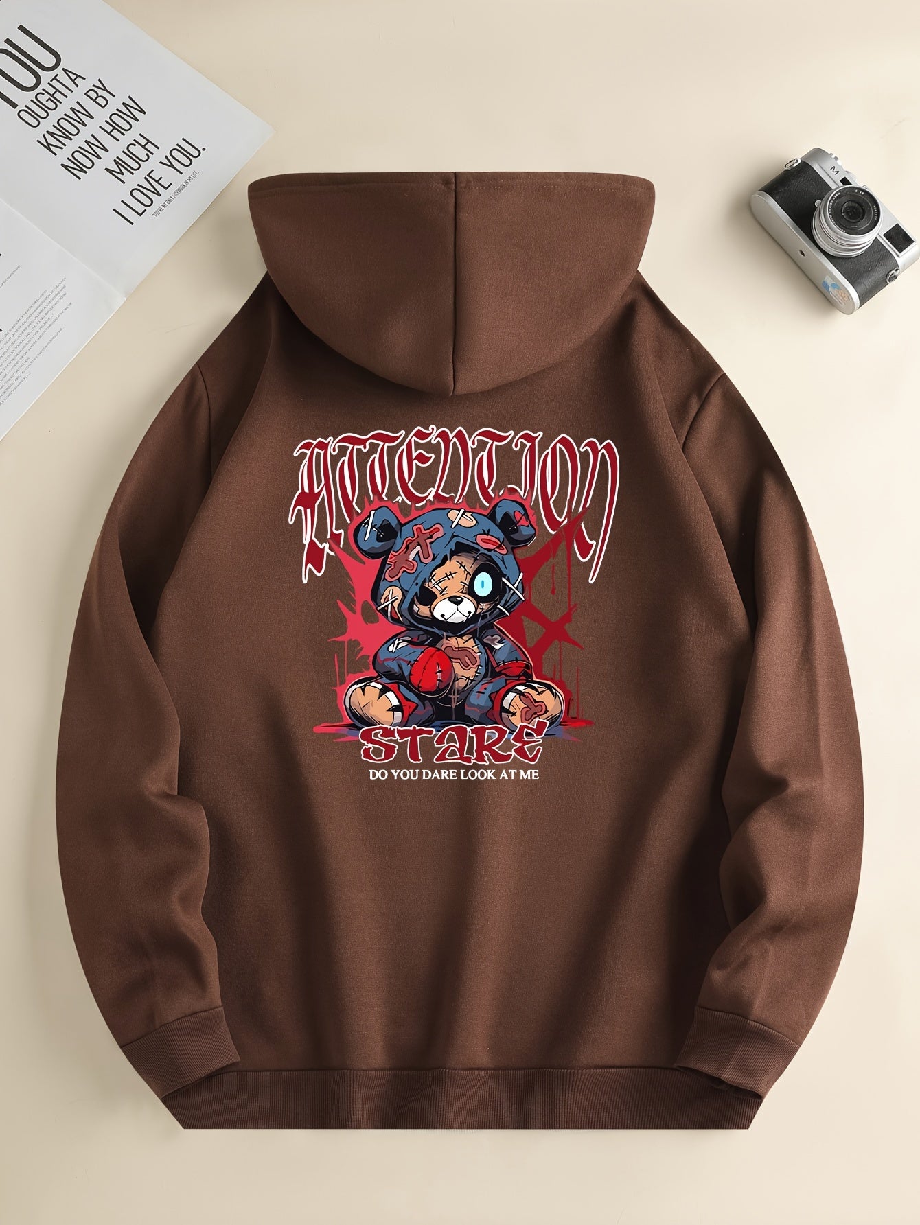 Men’s Cartoon Bear Graphic Hoodie – Casual Pullover with Kangaroo Pocket