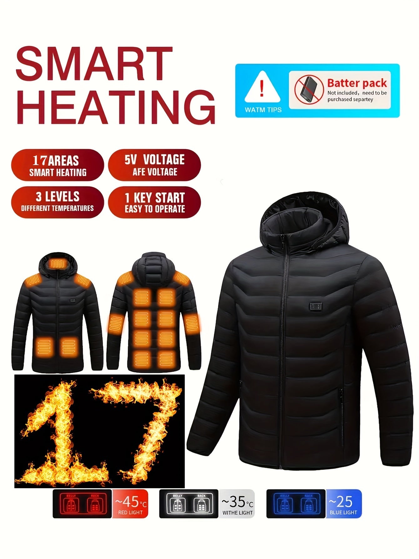Men’s 17-Zone Heated Jacket – Dual Control USB Electric Winter Coat by Pearson Select