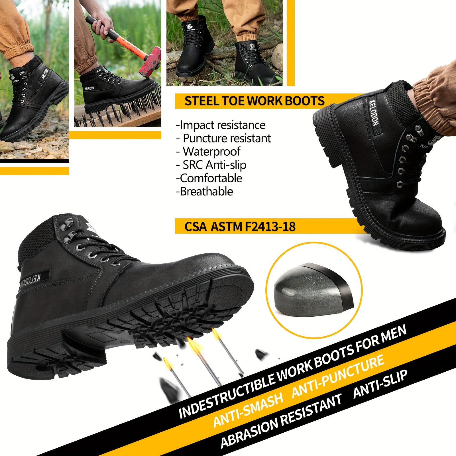 Men’s Heavy Duty Steel Toe Work Boots – 6 Inch Slip-Resistant Industrial Outdoor Shoes | All-Terrain Rubber Sole | Cushioned Arch Support | All Season Construction Safety Boots