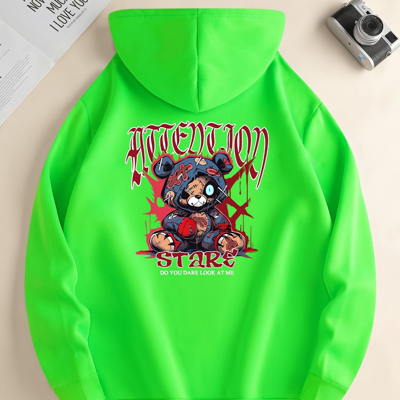 Men’s Cartoon Bear Graphic Hoodie – Casual Pullover with Kangaroo Pocket